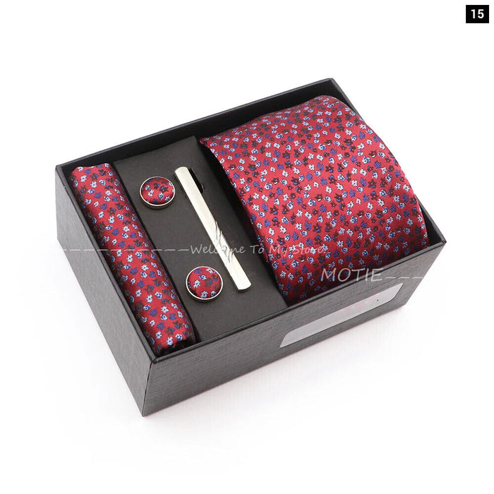 Red Floral Tie Set Gracefully Polyester With Box Pocket Square Cufflink And Tie Clip For Weddings And Gifts