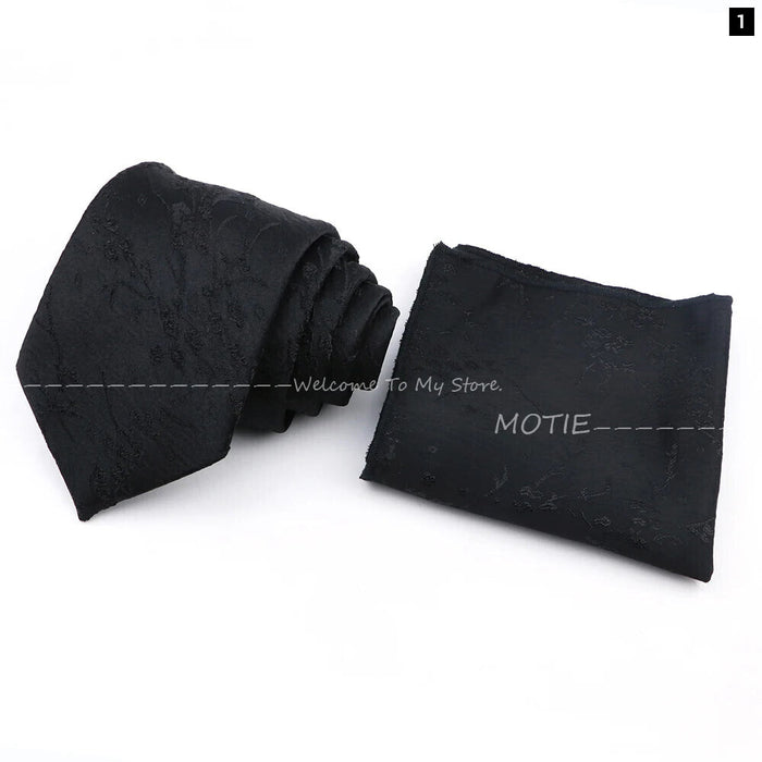 Black Floral Ties And Pocket Square Set For Weddings And Daily Wear