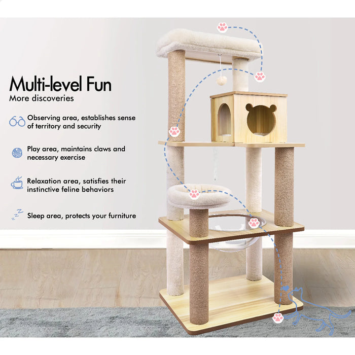 Wooden Cat Tree Scratching Post Bed