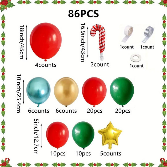 86Pcs Christmas Balloon Garland Set Metallic Green & Gold Red Latex & Foil Balloon With Candy Bar Holiday Party Decorations