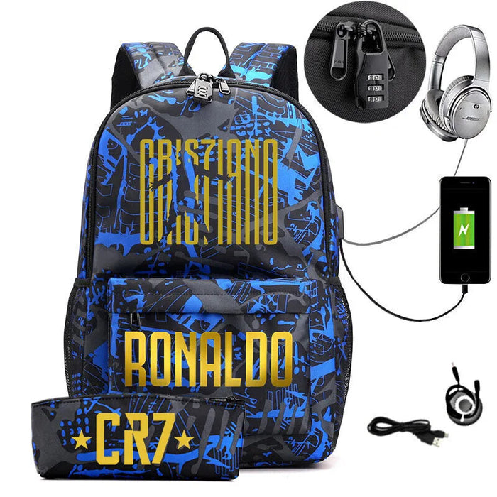 Ronaldo Printed Backpack With Usb And Lock 2 Piece Set