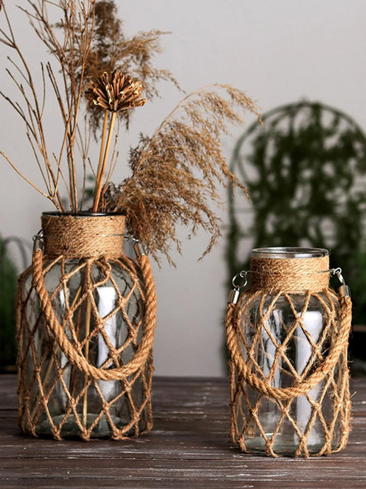 Rustic Hanging Glass Vase With Hemp Rope