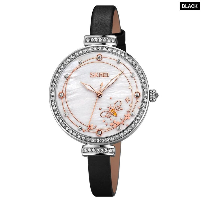 Women's PU Band Leather Analog Display Quartz 3ATM 30M Water Resistant Diamond Studded Wristwatch