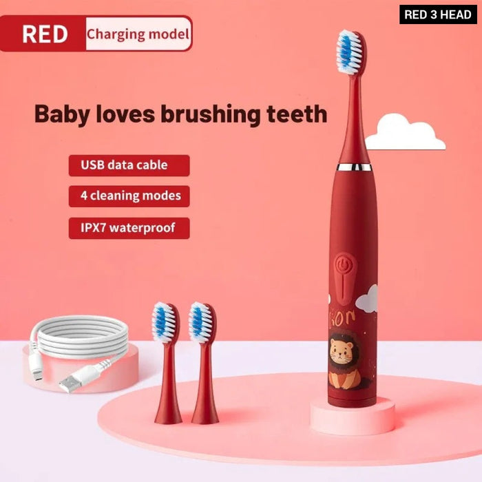 Electric Ultrasonic Rechargeable Soft Cartoon Toothbrush With Replacement Heads For Kids