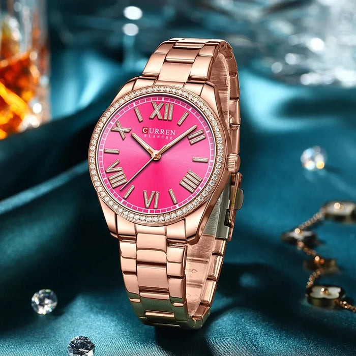 Stainless Steel Rhinestones Roman Numeral Dial Ladies Wristwatches