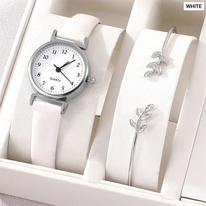 Bracelet Quartz Watch Women Set White Dial Simple Leather