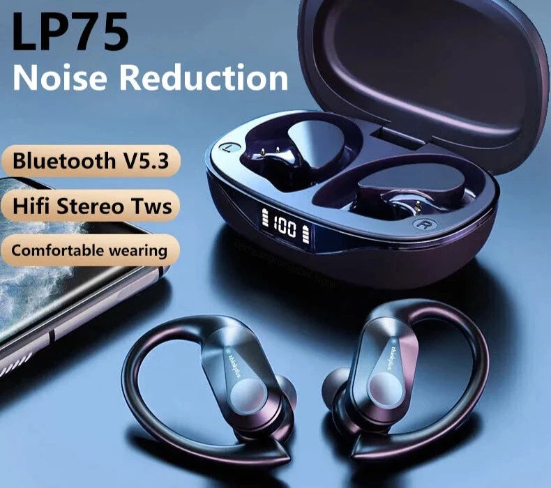 Wireless Bluetooth5.3 Ear Hook Noise Reduction Hifi Stereo Waterproof Lp75 Tws Sports Gaming Earphones With Mic