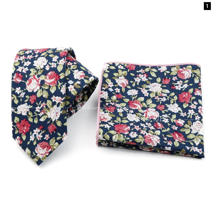 Floral Cotton Ties And Pocket Square Set For Business And Weddings