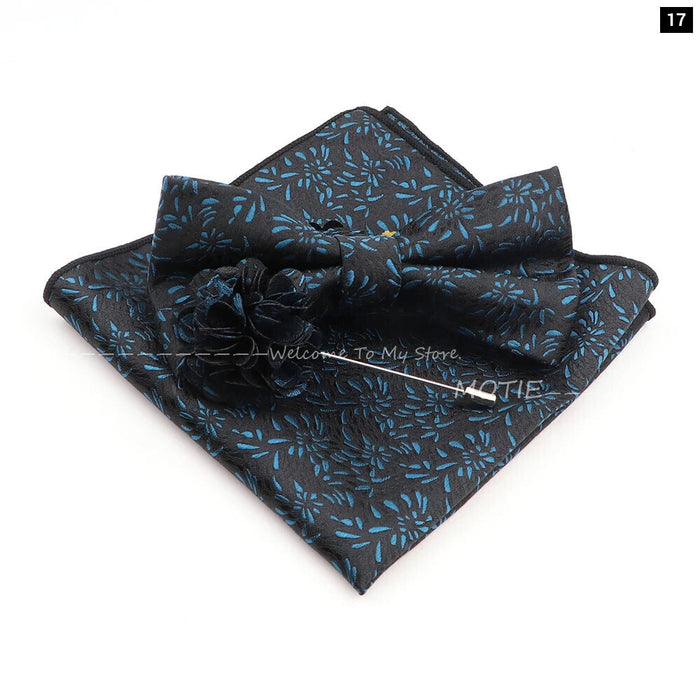 Blue Floral Pocket Square Set Bowtie Cufflink Brooch For Weddings