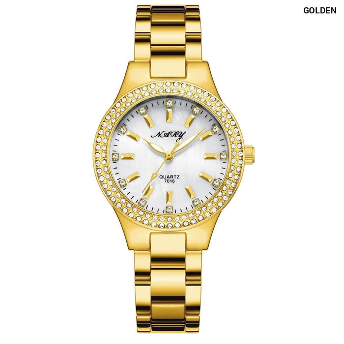 Women'S Elegant Casual Goldn Watch Crystal Diamond Inlaid Watch Stainless Steel Silver Waterproof Quartz Watch