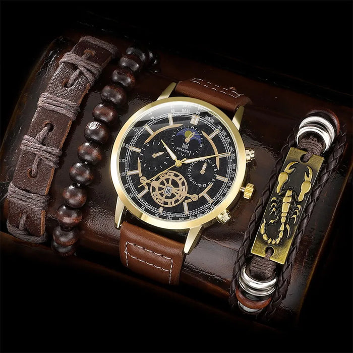 4PCS Set Men Watch Luxury Bracelet Set Fashion Business Brown Leather Quartz Wrist Watches for Men Set