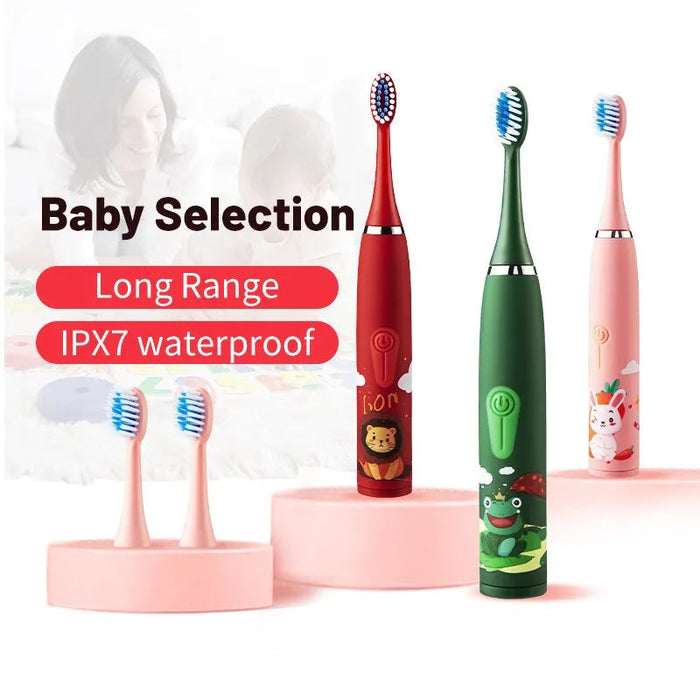 Electric Ultrasonic Rechargeable Soft Cartoon Toothbrush With Replacement Heads For Kids