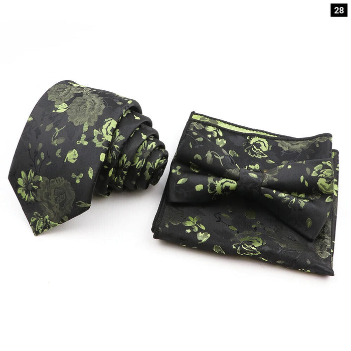 Green Floral Tie Set Classic Design Polyester For Weddings And Parties