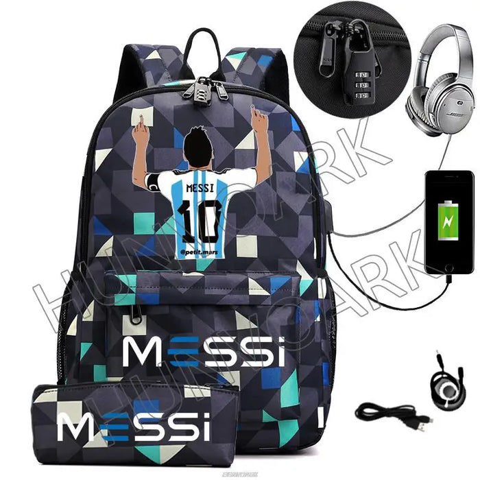 Unisex Messi Casual Computer 15.6 Inch Laptop Light Anti Theft School Bag 2Pcs