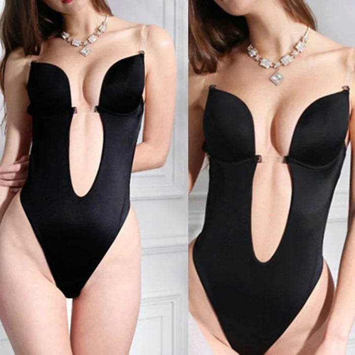 Deep V Neck Plunge Bodysuit With Padded Push Up