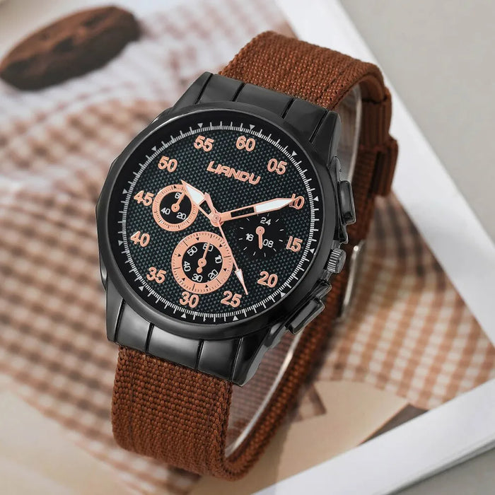 4pcs Brown Round Quartz Watch With Leather Bracelet Men Braided Nylon Business Watch Fashion Casual For Daily Sports