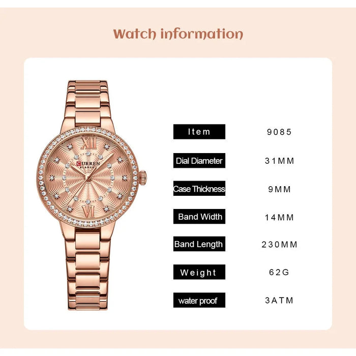 Quartz Wristwatches For Women Rhinestones Rose Dial Fashion Watches With Stainless Steel