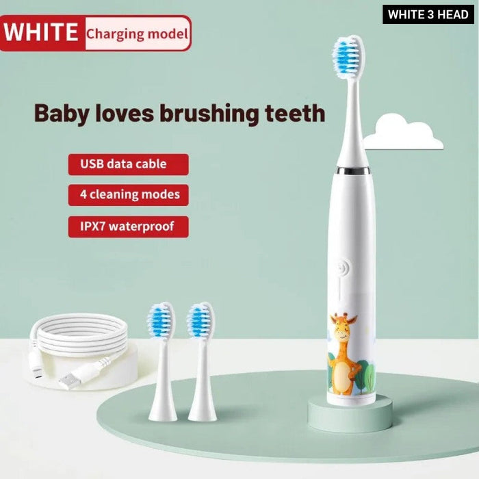 Electric Ultrasonic Rechargeable Soft Cartoon Toothbrush With Replacement Heads For Kids