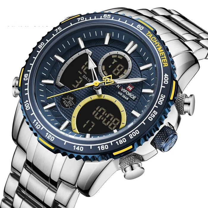 Men's Stainless Steel Band AnalogWeek Calendar Display Quartz & Dual Display 3ATM 30M Water Resistant Wristwatch