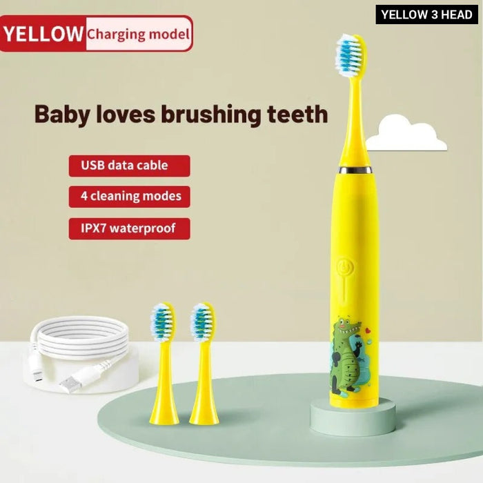 Electric Ultrasonic Rechargeable Soft Cartoon Toothbrush With Replacement Heads For Kids