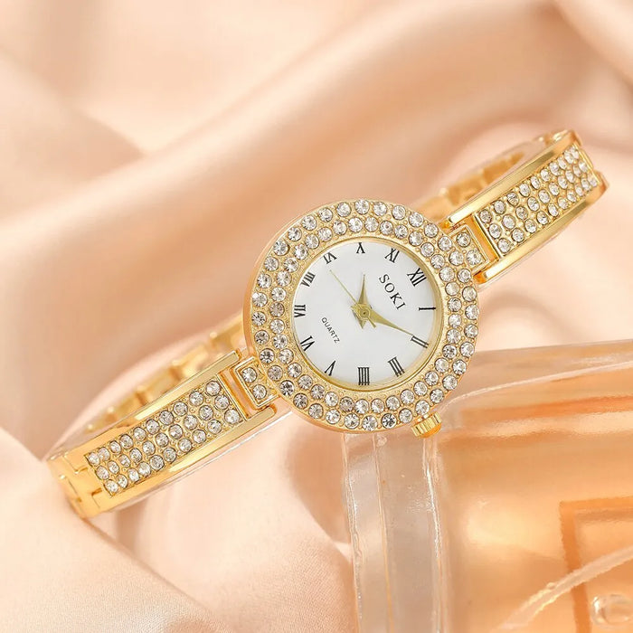 5Pcs Dainty Quartz Watch With Jewelry Set Fashion Round Women Watch Rhinestone Necklace Earrings Ring Set