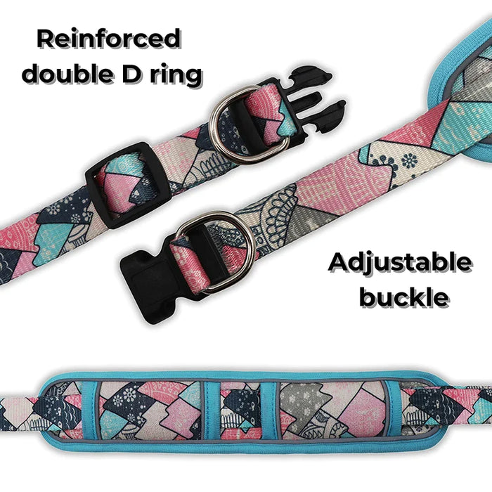 Fashionable Dog Collar Wide Neck Strong Breathable Dual D Rings Padded Printed Quick Release Buckle