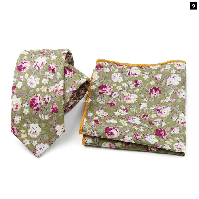 Floral Cotton Ties And Pocket Square Set For Business And Weddings