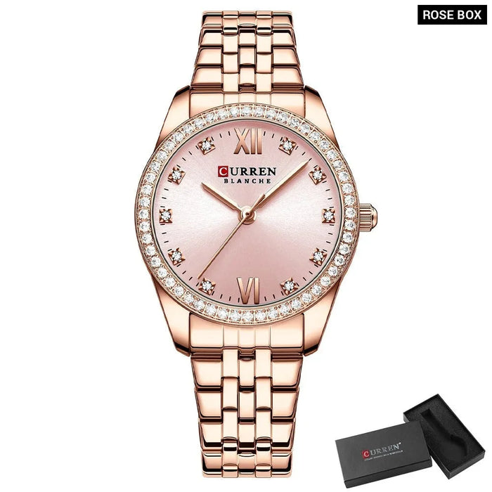 Rhinestone Stainless Steel Charming Quartz Rose Wristwatches