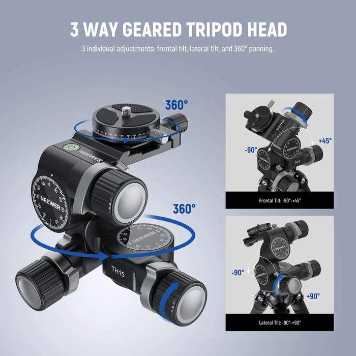 3 Way Geared Tripod Head With 360° Panoramic Arca Qr Plate Millimeter Micro Adjustment Aluminum Alloy