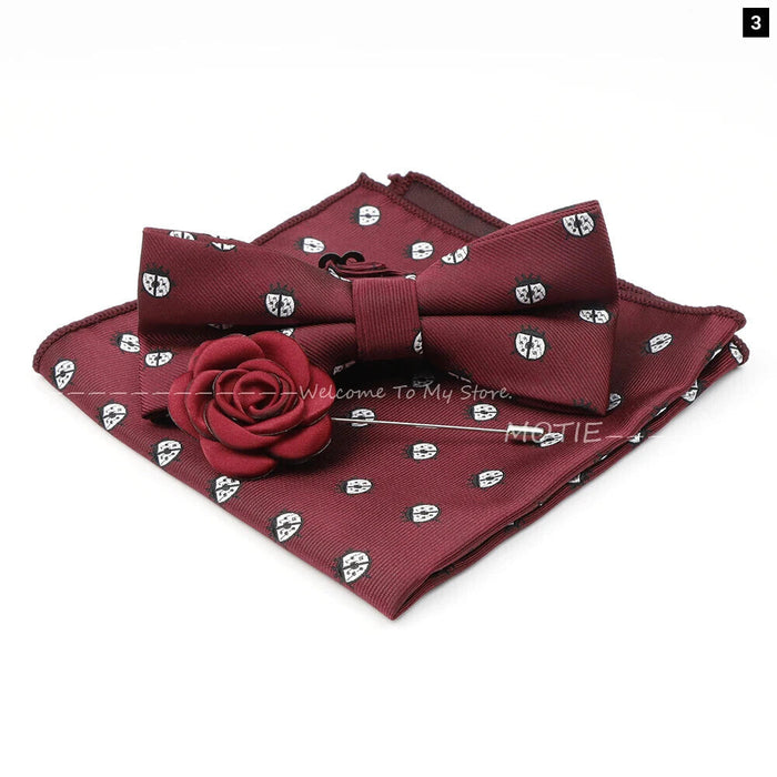 Cartoon Insect Bowtie Set Red Floral Brooches For Men