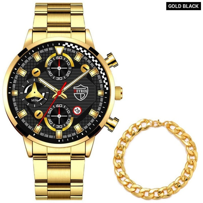 2PCS Fashion Mens Gold Bracelet Watches Set Men Business Stainless Steel Quartz Watch Male Calendar Date Wristwatch