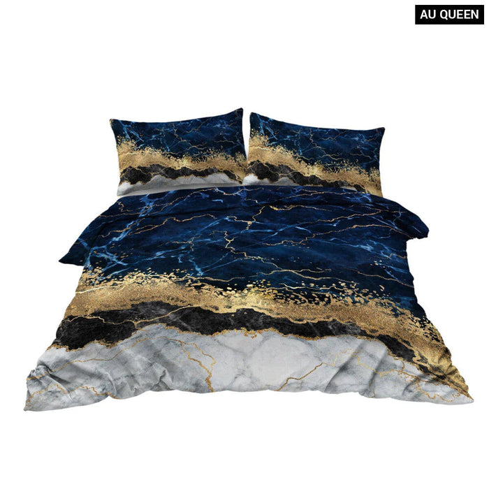 3 Piece Blue Gold Marble Duvet Set With 2 Pillow Shams