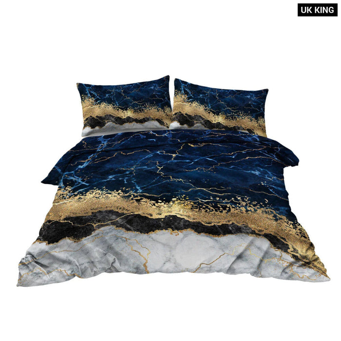 3 Piece Blue Gold Marble Duvet Set With 2 Pillow Shams