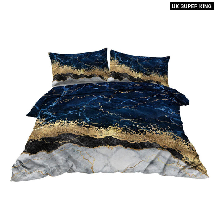 3 Piece Blue Gold Marble Duvet Set With 2 Pillow Shams