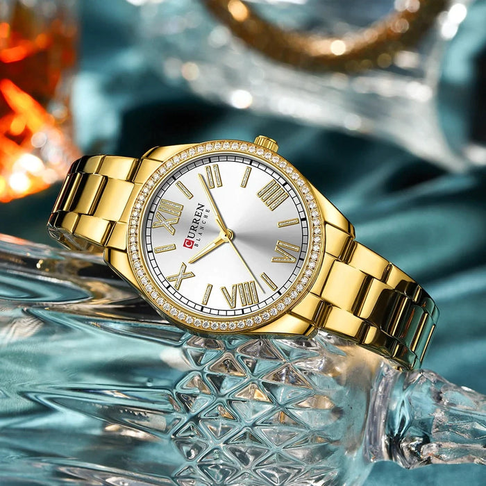 Stainless Steel Elegant Rhinestones Thin Luminous Quartz Wristwatch