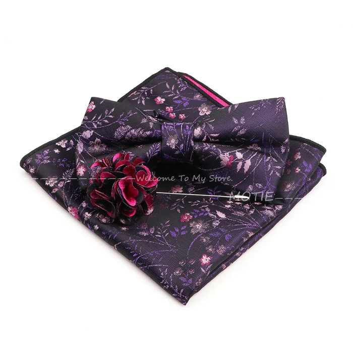 Blue Floral Pocket Square Set Bowtie Cufflink Brooch For Weddings