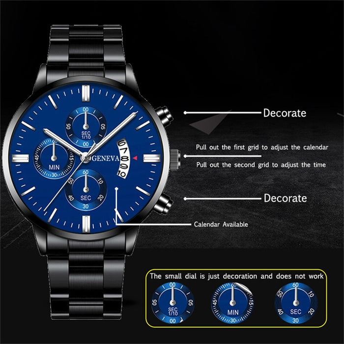 3PCS Set Fashion Mens Calendar Watches Luxury Men Business Black Stainless Steel Quartz Watch Male Necklace Bracelet Wristwatch