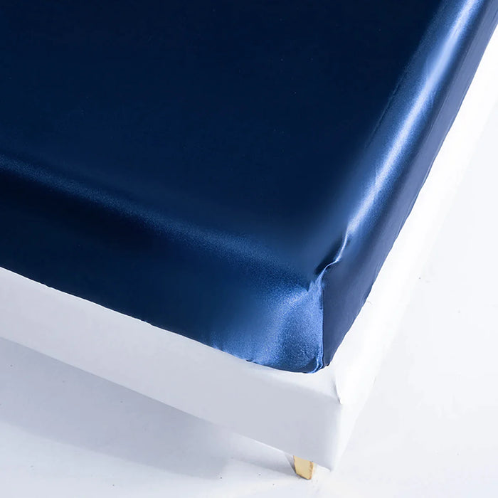 Silky Dark Blue Rayon Satin Fitted Sheet