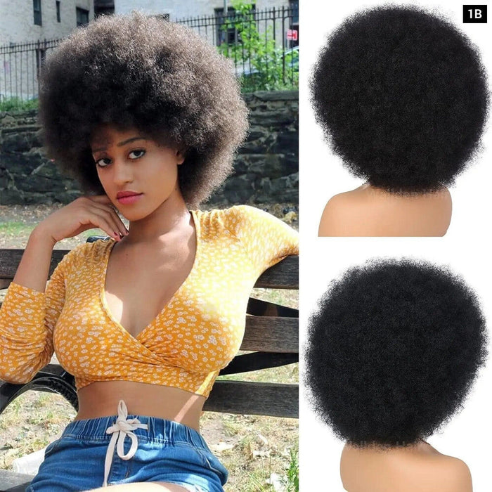 Short Afro Kinky Curly Human Hair Wig With Thick Bangs