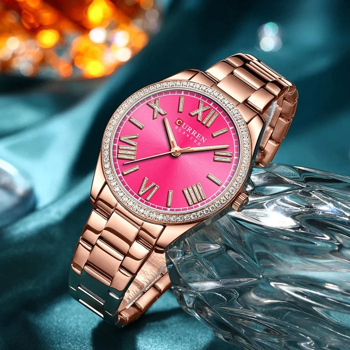 Stainless Steel Rhinestones Roman Numeral Dial Ladies Wristwatches