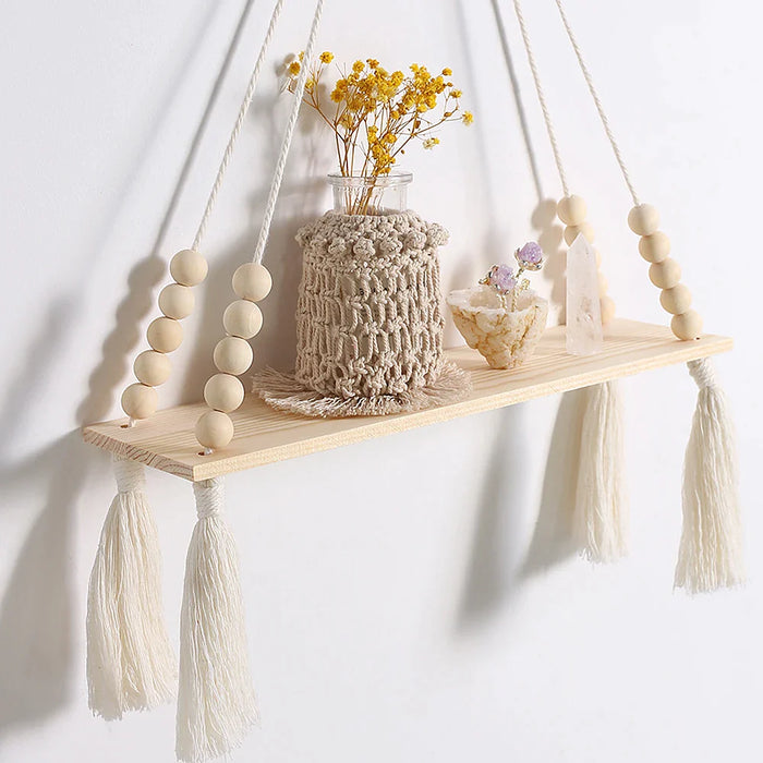 2 Piece Wood Bead Macrame Leaf Wall Shelf Set