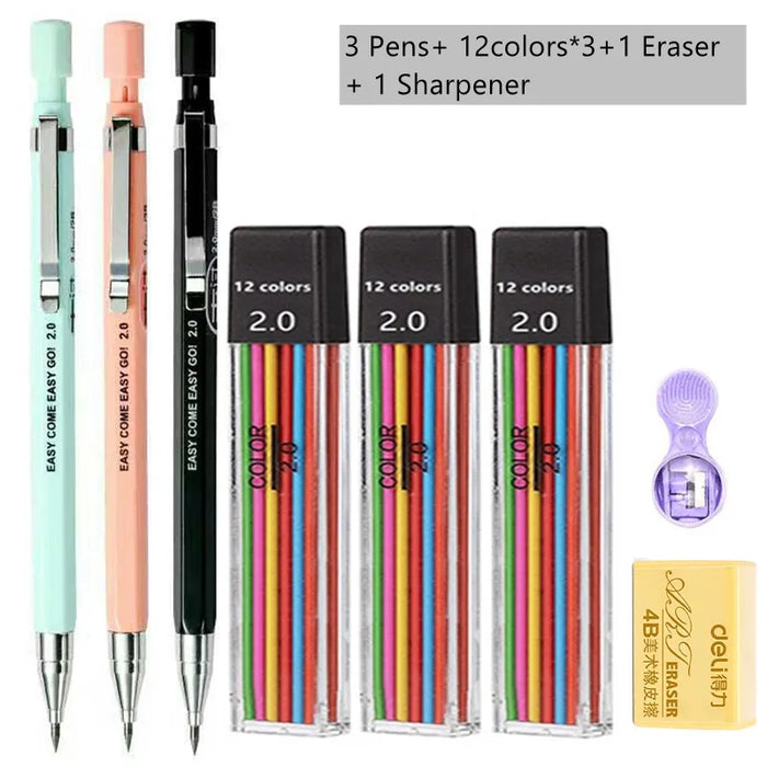 2.0Mm Mechanical Pencil Set With 2B Lead Refill For Writing Sketching And Drawing