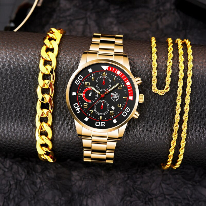 3PCS Set Fashion Mens Calendar Watches Male Casual Stainless Steel Quartz Watch Men Necklace Bracelet Wristwatch