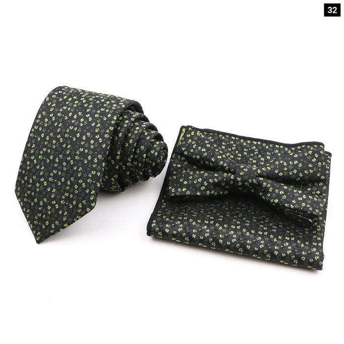 Green Floral Tie Set Classic Design Polyester For Weddings And Parties