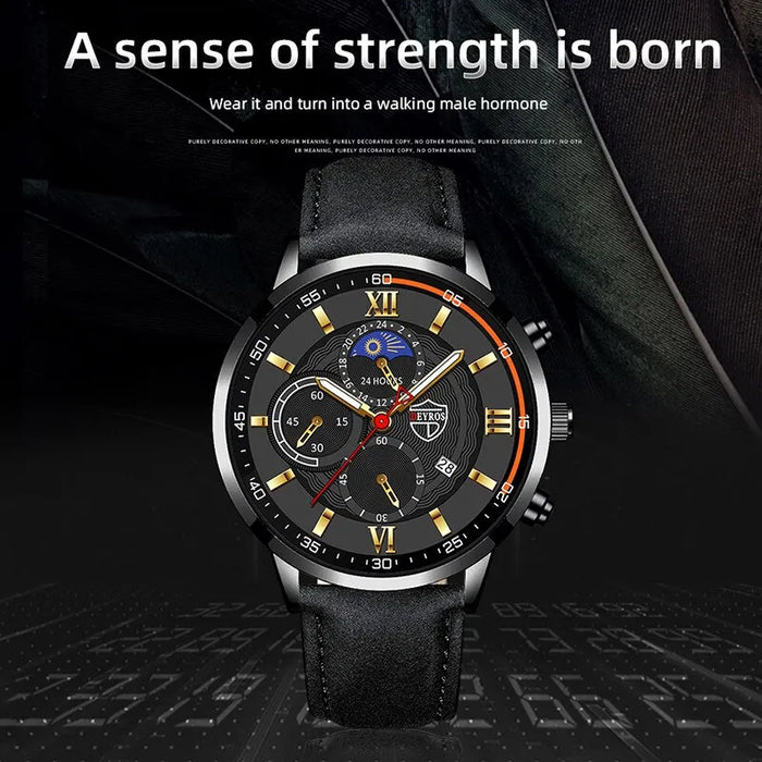 2PCS Set Fashion Mens Sports Watches Man Business Leather Bracelet Quartz Watch Luxury Men Casual Luminous Clock