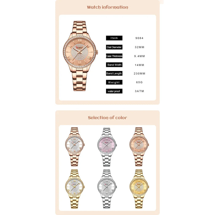 Stainless Steel Rhinestones Rose Dial Quartz Wristwatches For Women