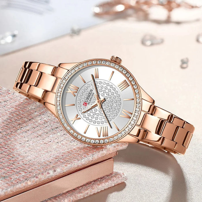 Stainless Steel Rhinestones Rose Dial Quartz Wristwatches For Women