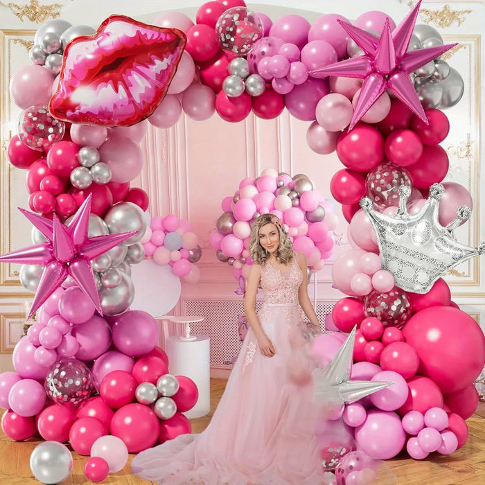148Pcs Pink And Exploding Star Silver Crown Balloon Arch Set Birthday Party Mother'S Day Bridal Shower Wedding Home Decor