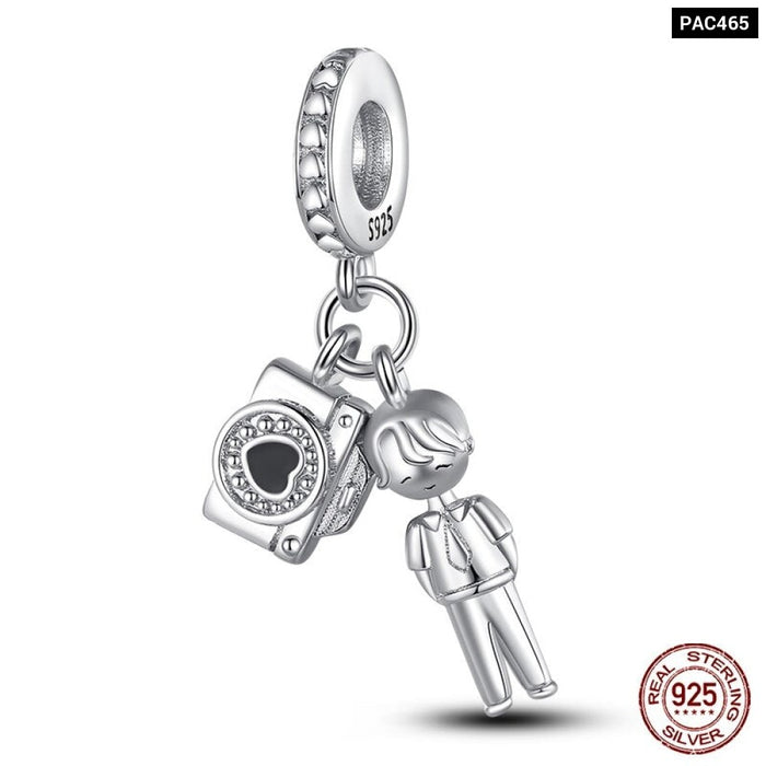 925 Silver Camera Coffee Cup Flower Charms Beads Fit Pandora Bracelet DIY Jewelry Making For Women