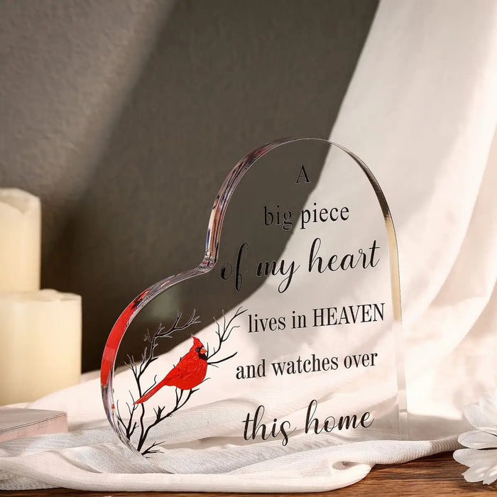 Red Cardinal Memorial Sympathy Table Centerpiece With Acrylic Heart Ornament